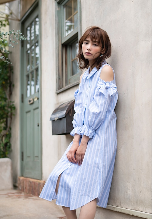 2Way Open-shoulder Ribbon Shirt / リボン付きオープンショルダーのシャツワンピース(カーディガン)