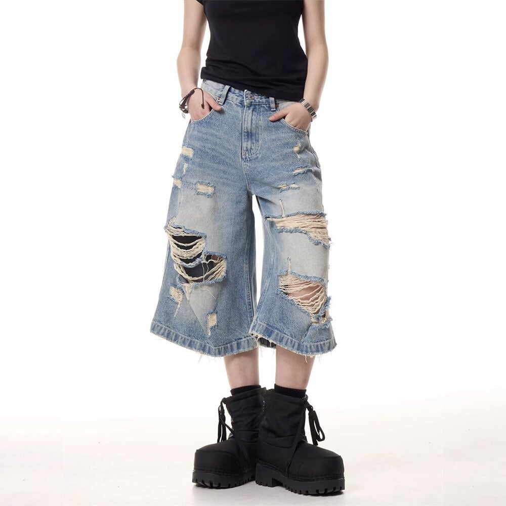 【送料無料】 デニムパンツ ダメージ加工 レディース デニム ワイド ジーンズ 韓国 ストリート アメカジ ヴィンテージ 柔らかい レトロ ウォッシュ加工 春夏 Aライン ゆったり 大人可愛い 大人女子