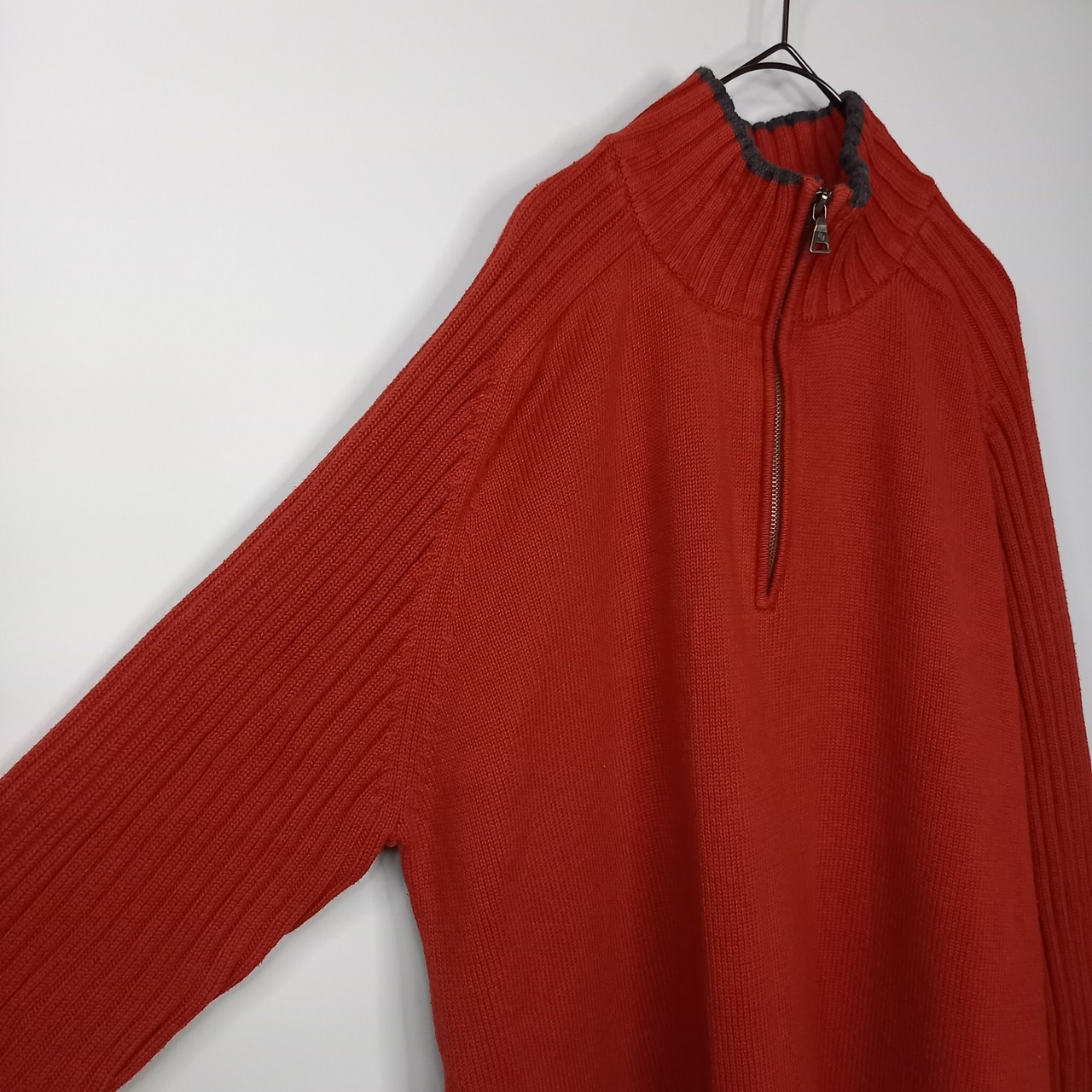 ST JOHN'S BAY　ハーフジップ　ミドルゲージ　コットンニット　セーター　無地　中厚手　ラグラン　オレンジ　XL