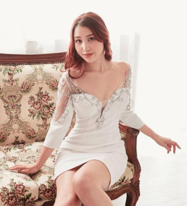 Alice 袖付きパールビジュードレス/キャバドレス