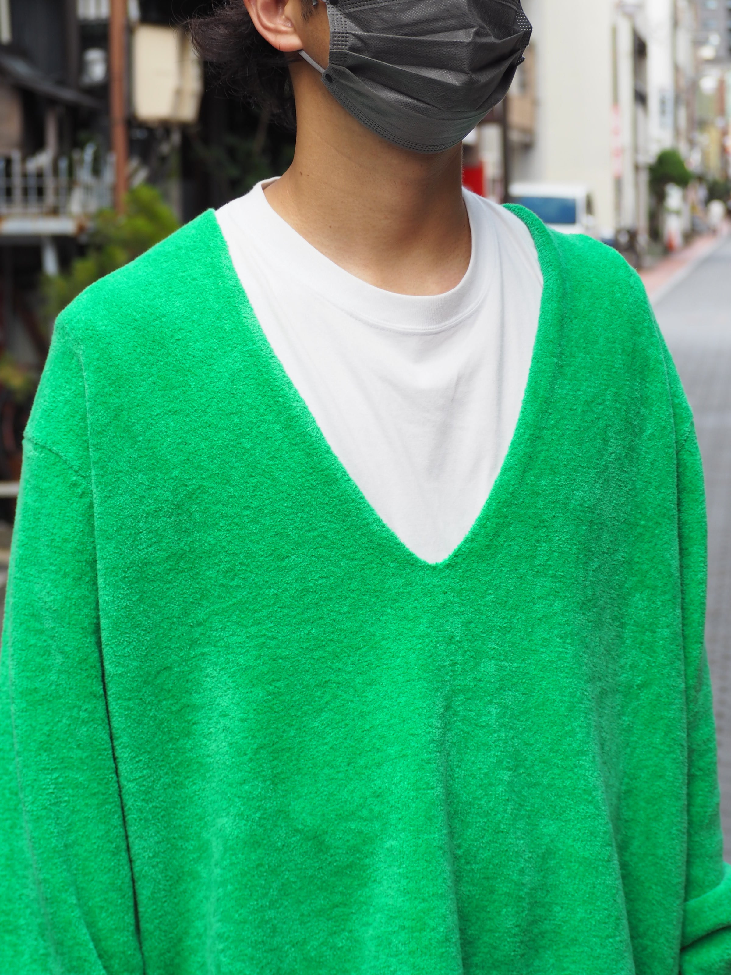 Organic cotton mole Deep v-neck sweater(Green) | PiuLoro(ピウロロ 