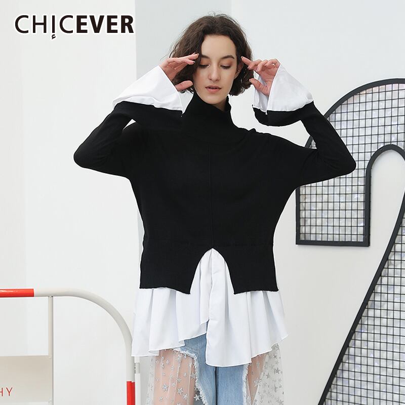 CHICEVERパッチワークセーター女性タートルネックフレア長袖サイドスプリットニットプルオーバー特大セーター2020 ロング 6base522069409616