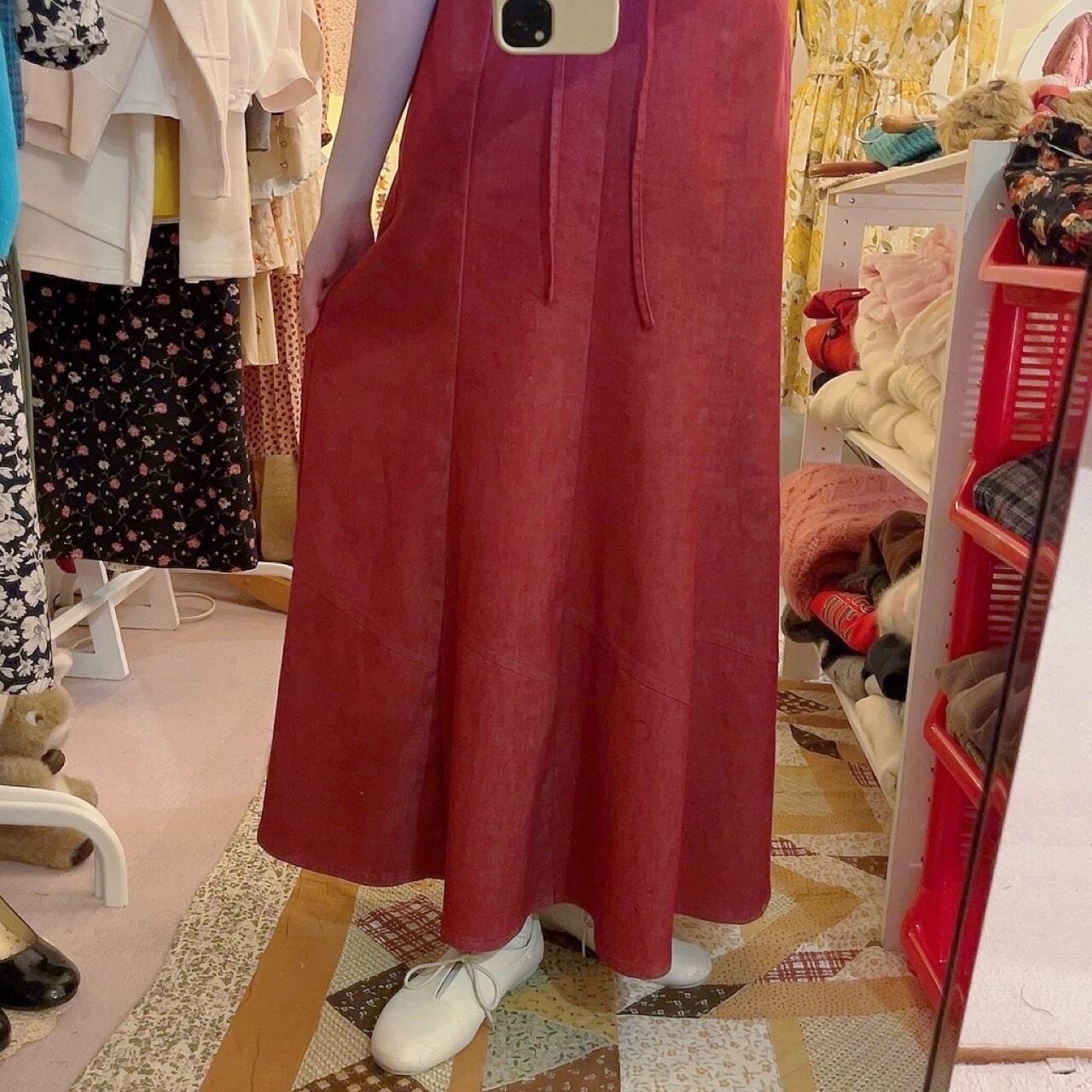 red denim seams flare skirt