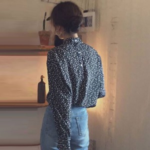 Stand collar floral balloon sleeve tops 1821