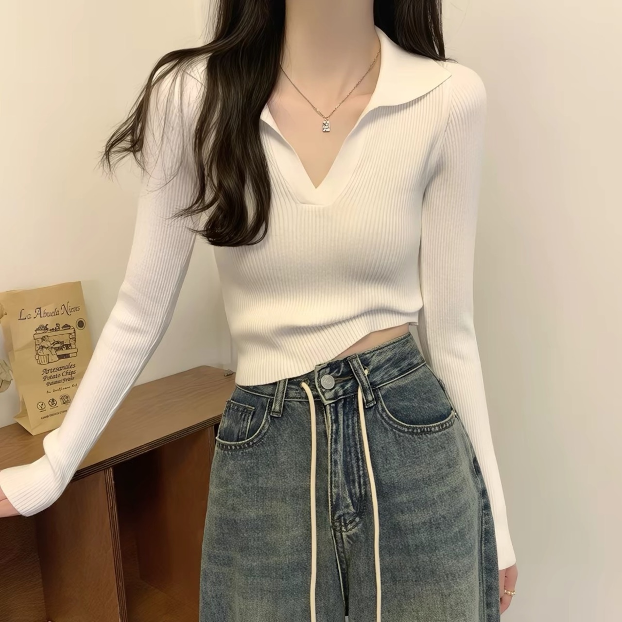 Korean-Style Polo Neck Cropped Knit Top