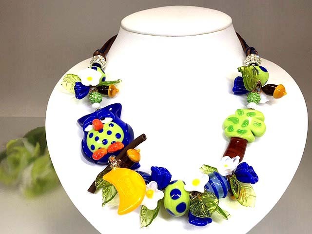 ベネチアンガラス　ネックレス　フクロウ　ブルー