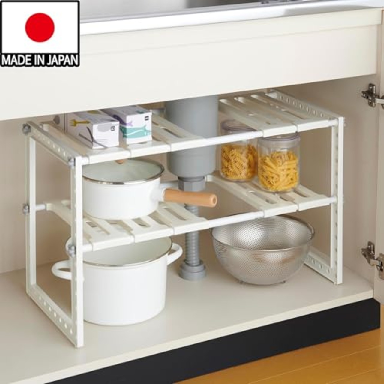 Belca(ベルカ) 日本製 キッチン収納 シンク下フリーラック 伸縮タイプ 幅50~75×奥行30.3×高さ39.8cm ホワイト シンク下収納 2段 棚 VR-EXT