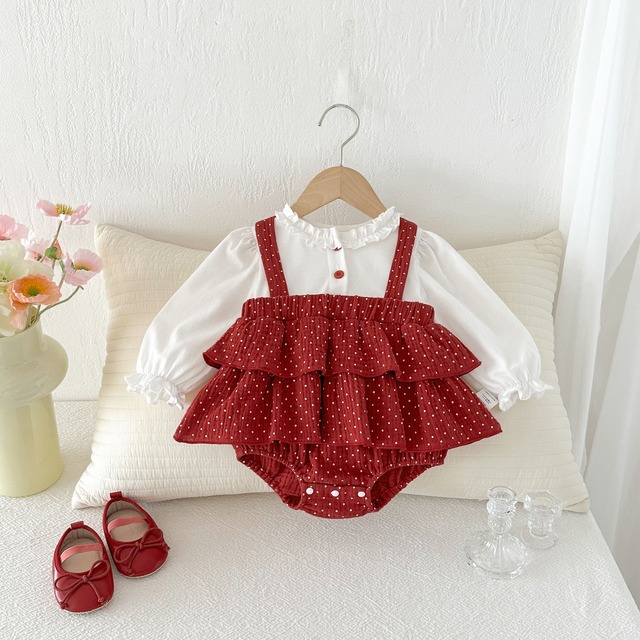 【BABY】レイヤードドットレッドロンパース