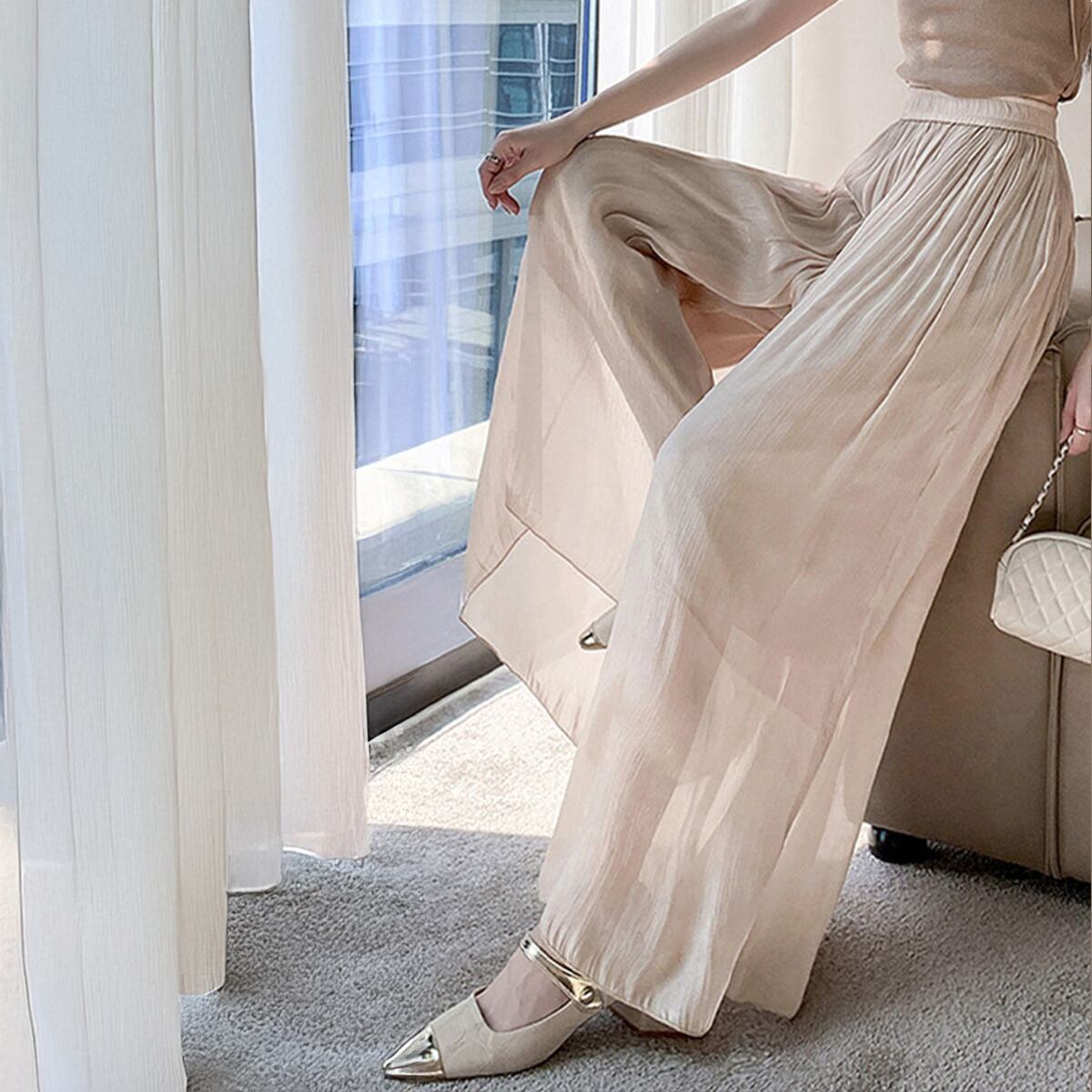 シアー ワイドパンツ レディース 春夏 韓国 接触冷感 きれいめ おしゃれ 大人 カジュアル シンプル フレアパンツ 体型カバー 光沢感 ハイウエスト 涼しい 大人可愛い 大人女子