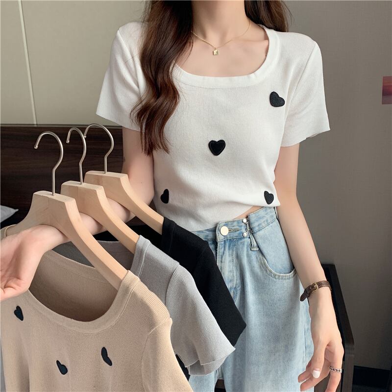 スタイルトップス Tシャツ サマーレッド薄手ニットホワイト 夏物 シルク YY-ファッション14732881219