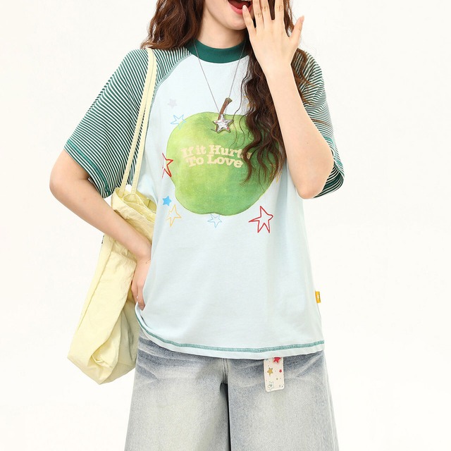 ボーダースリーブアップルグラフィックTシャツ 2col   R02491