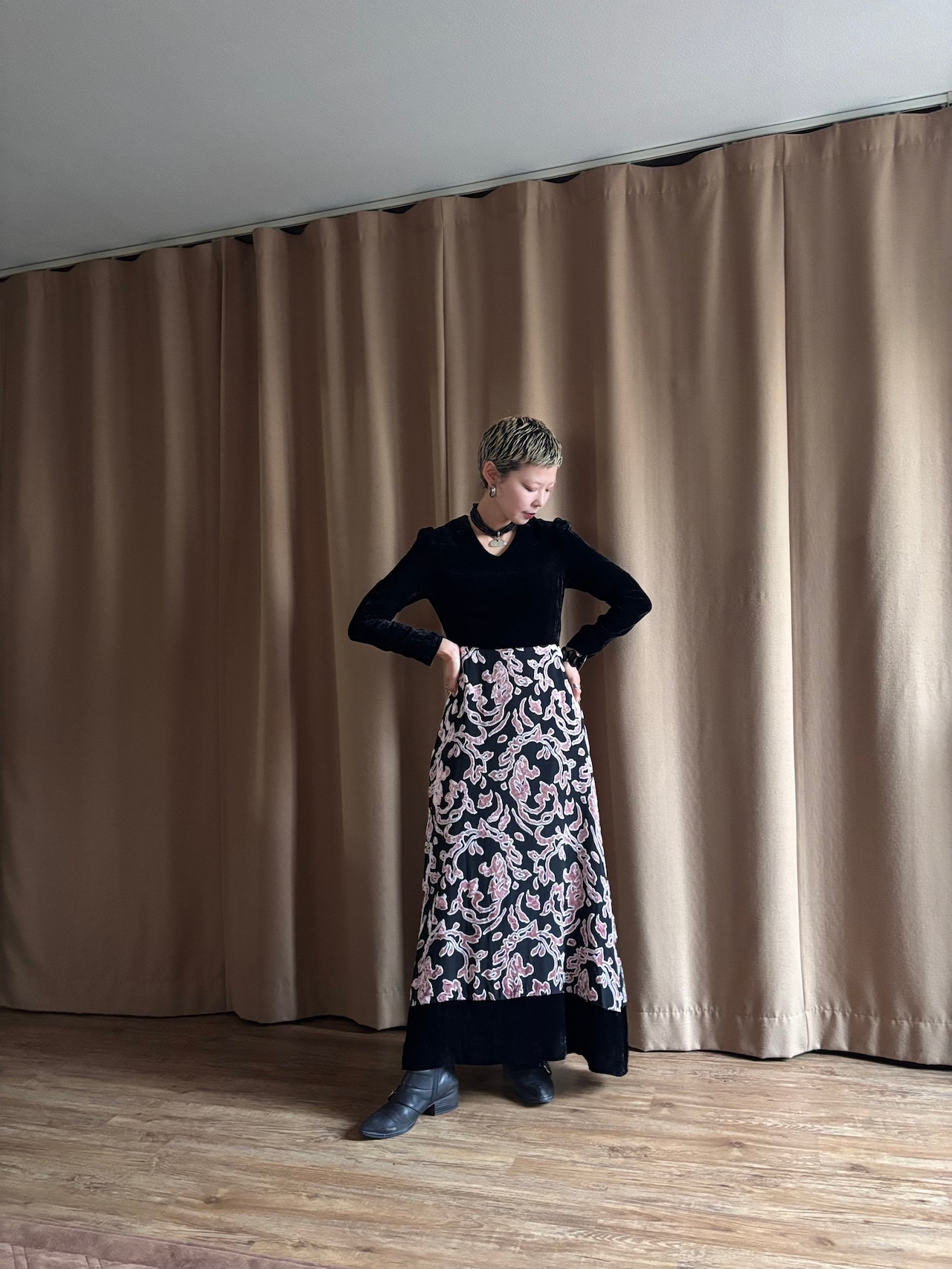 MADE IN FRANCE artistic velour long dress-5048-10