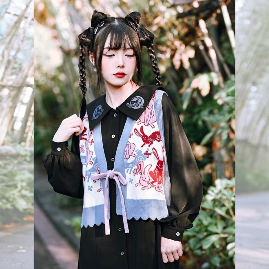 チャイナベスト　編み上げ　ゴスロリ　チャイナコスプレ　ダークコア　コスプレ ゴスロリ通販 With U チャイナ風 ゴシック 古怪舎 ニット ベスト 兎