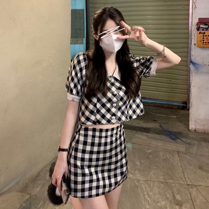 スタンダード格子柄サマーカラートップス スカート レトロ 夏物 YY-ファッション6051163203