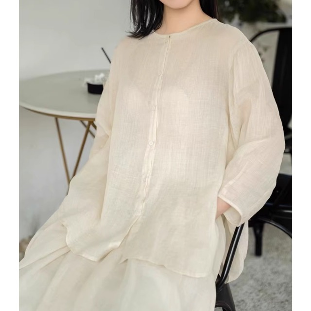 シャツ ラウンドネック 薄手　フロントボタン　3color  00245