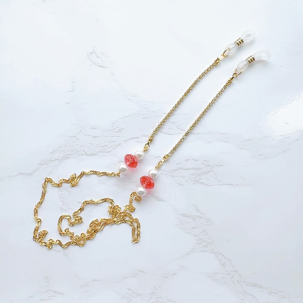 デコラティブメガネチェーン キラキララインストーンxコーラルピンクビーズ