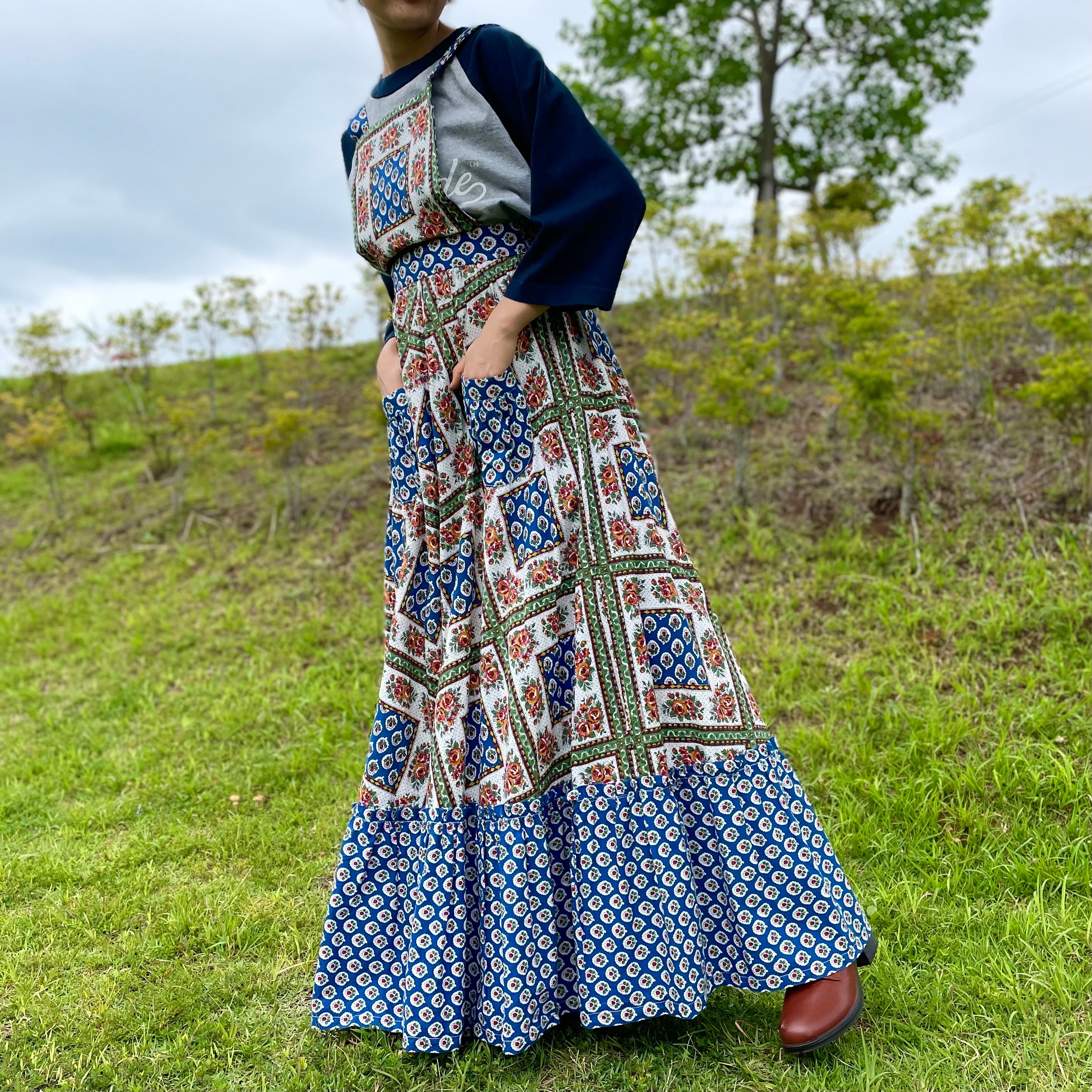 70s vintage apron dress ワンピース 古着 ヴィンテージ 花柄 ブルー