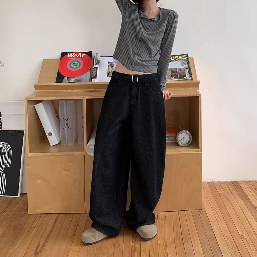 ベルト付デニムワイドストレートパンツ 1color APA0025