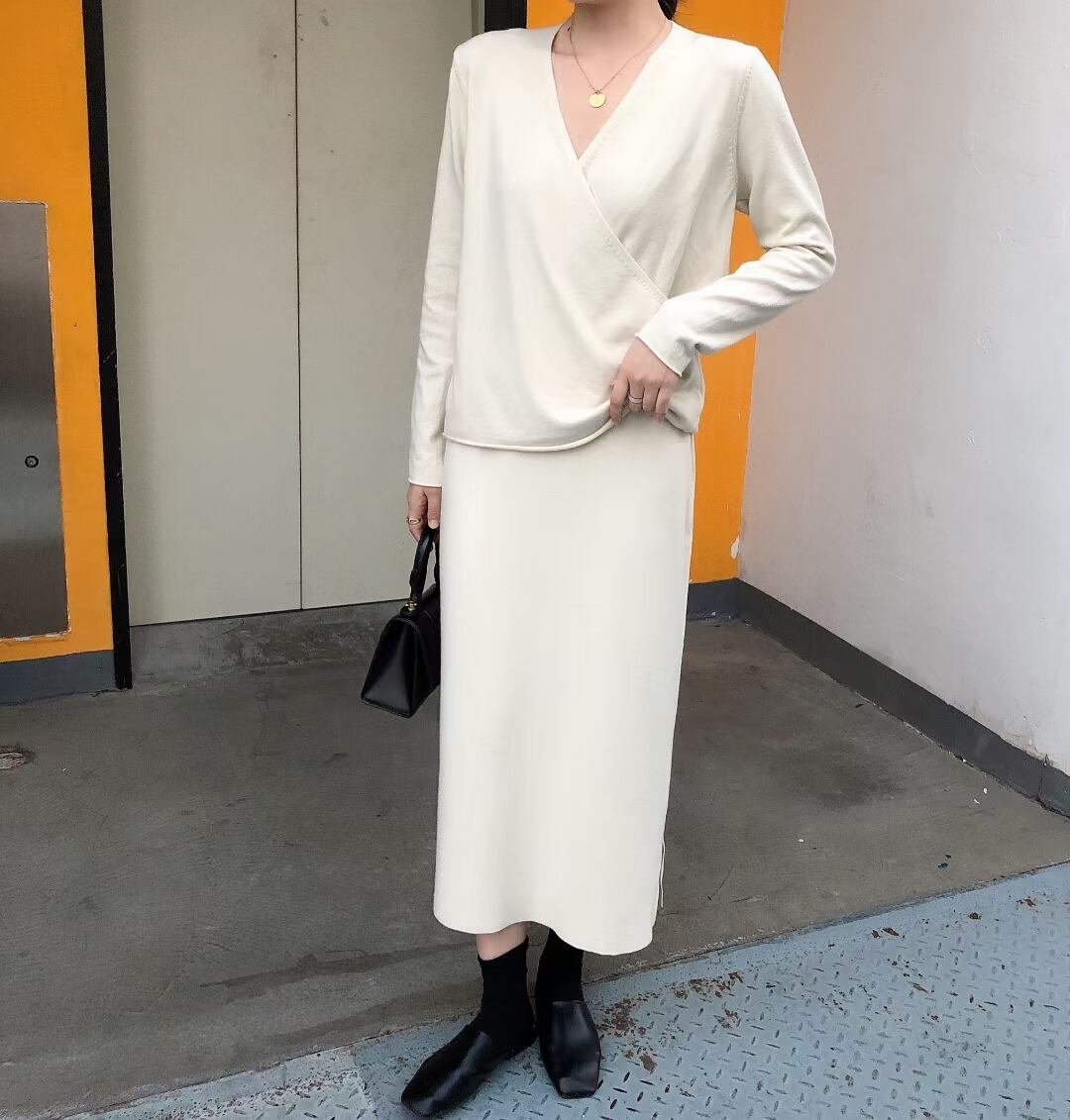 カシュクールトップス& Iラインスカート ニットセットアップ AJ1050-9055