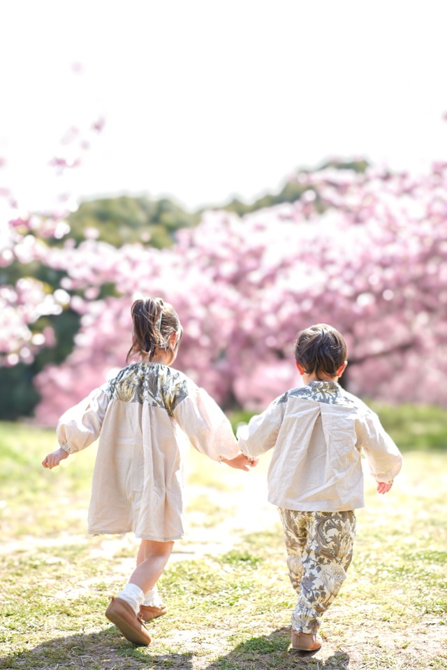 ぽわんの森* 自分でできた!を応援する、後ろ襟ぐりブラウス/ワンピース アネモネベージュ 70cm▸120cm