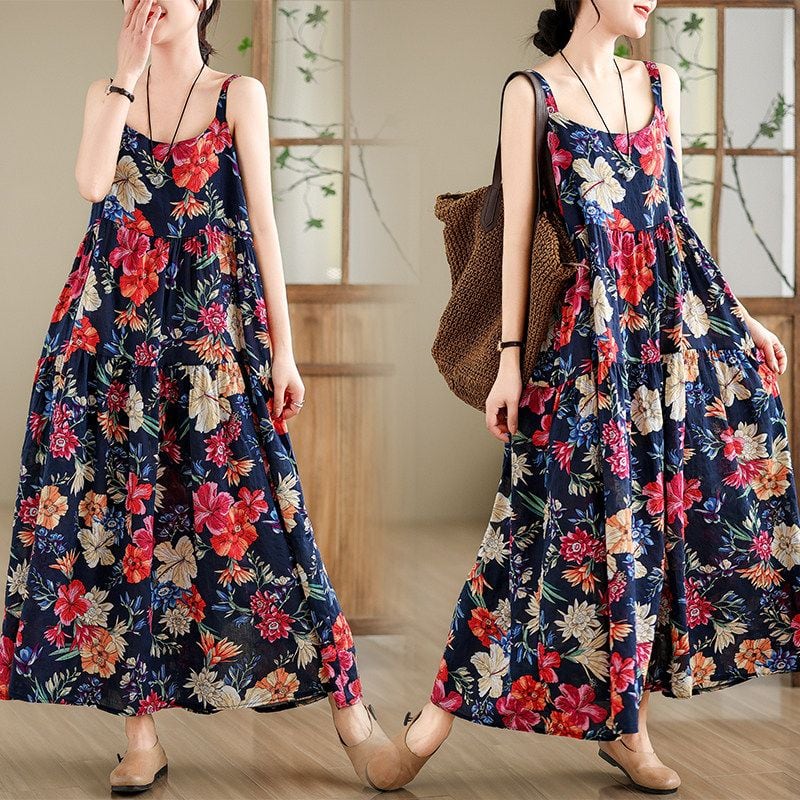 FLORAL PRINT SLEEVELESS RELAXED MAXI DRESS M-17658