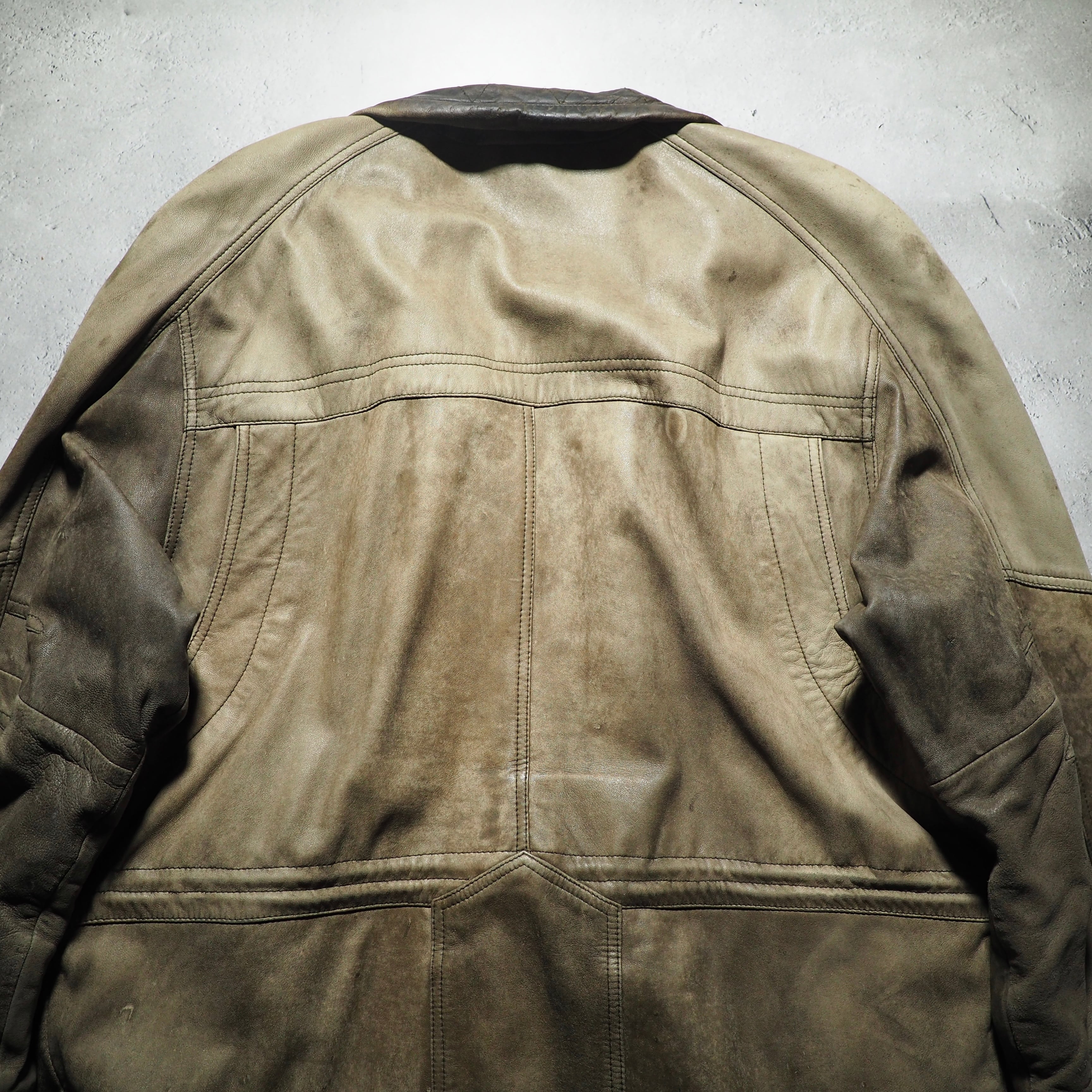 ” Deformation - 変形 ” Beautiful aging Fade color vintage loose sheep leather jacket