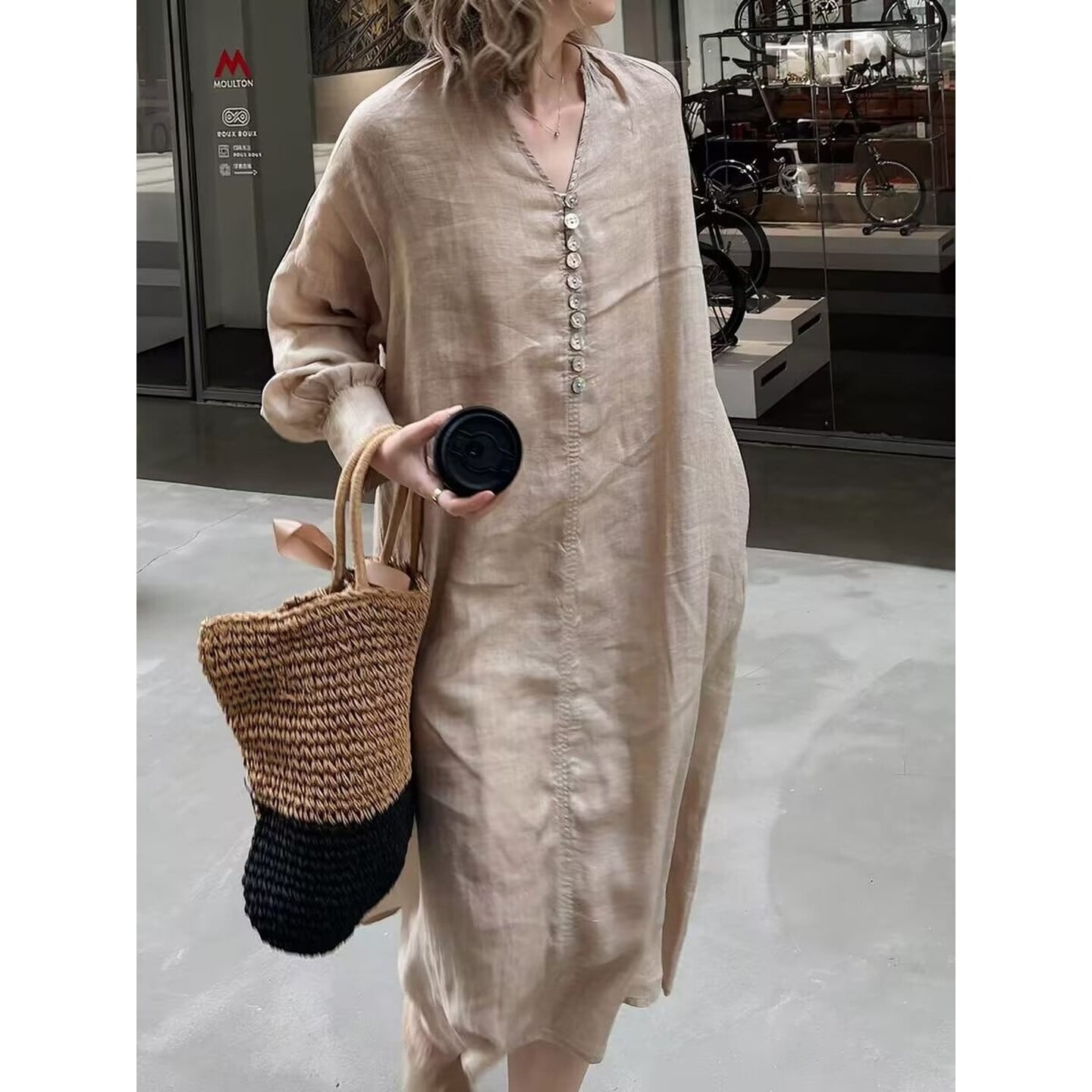 デザインボタン Vネックワンピース【M-2XL】 RA3391