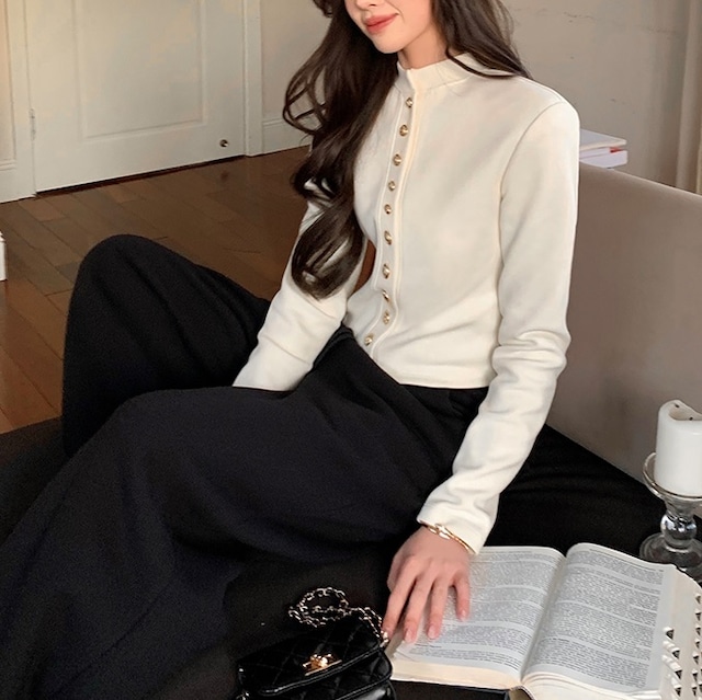 elegant gold-trim knit crop cardigan)<t2490>