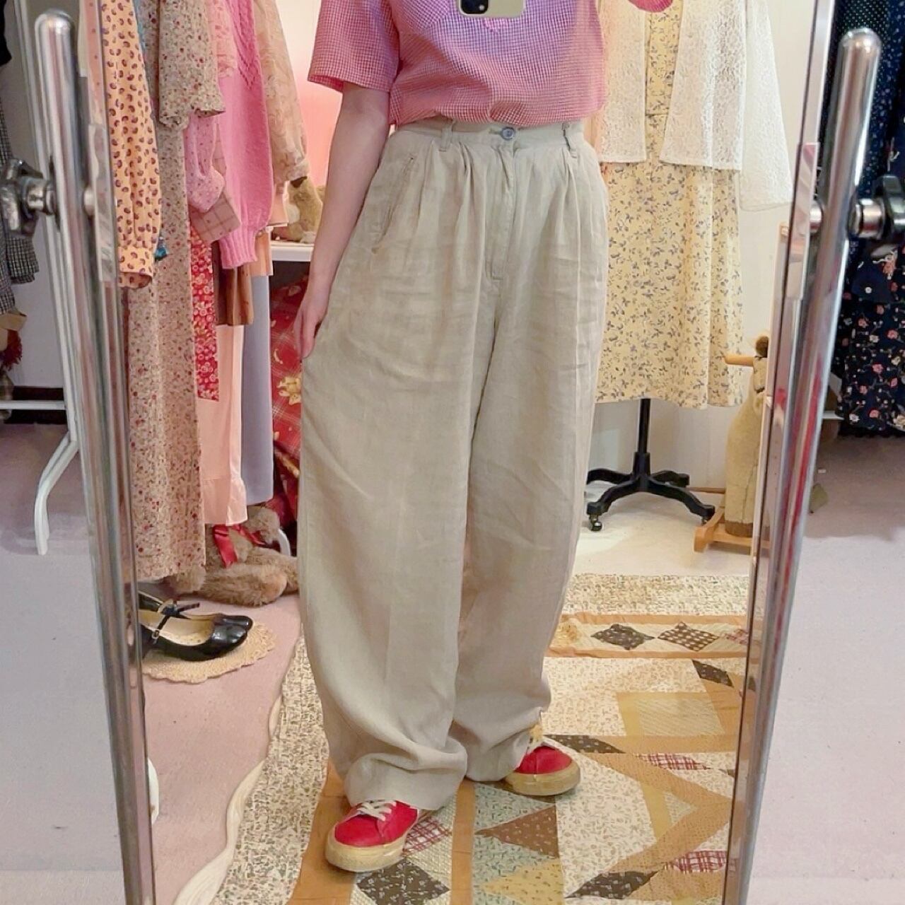 beige linen wide pants