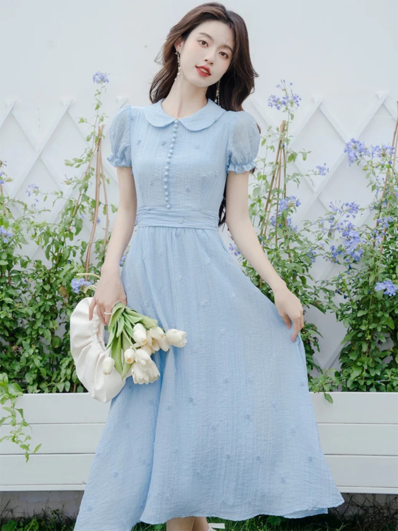 【0240】Flower Embroidery Puff Short Sleeve Dress