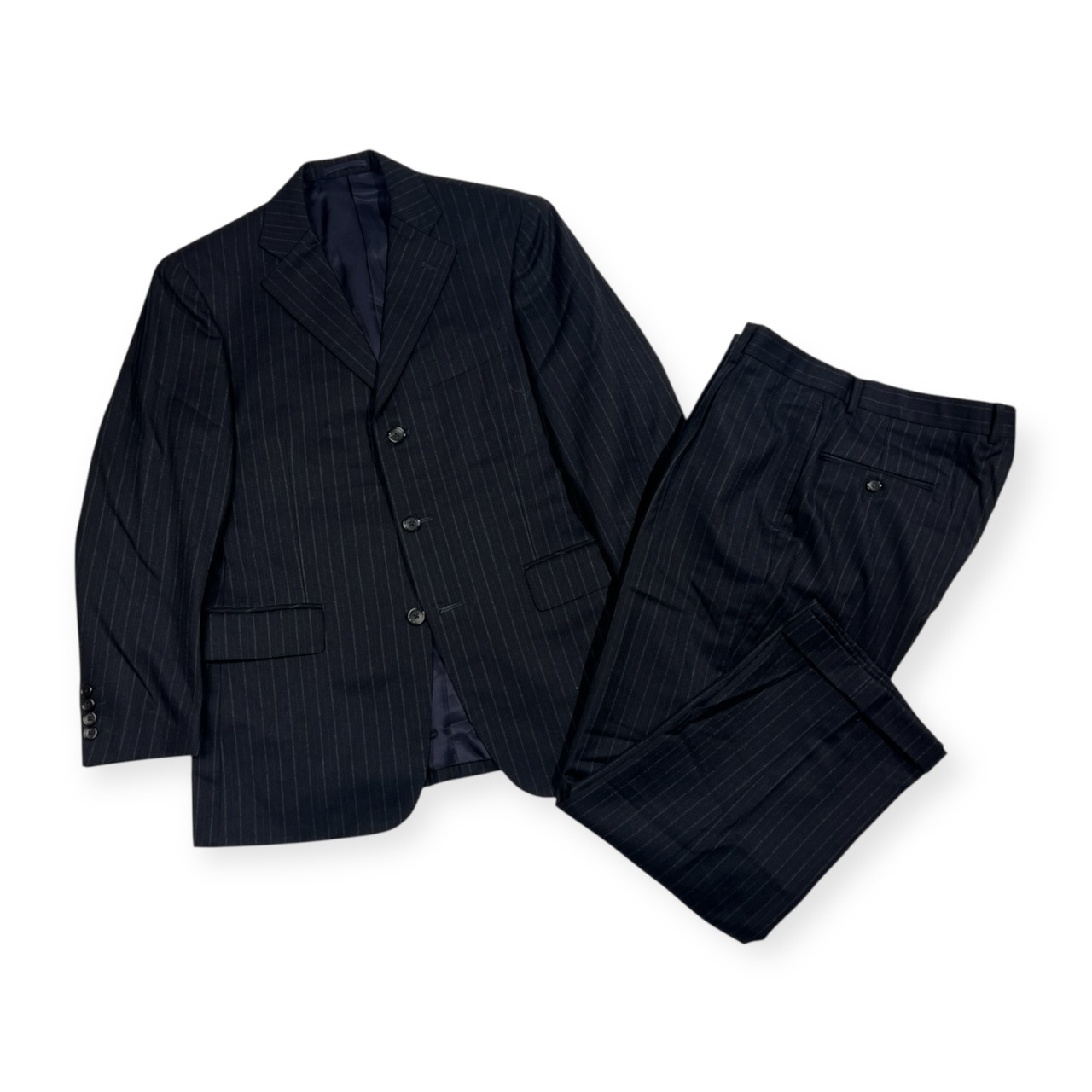 上下 J.PRESS ジェイプレス セットアップ ストライプ テーラードジャケット 裾ダブル スラックス スーツ /ダークグレー ブラック系 メンズ カシミヤ混