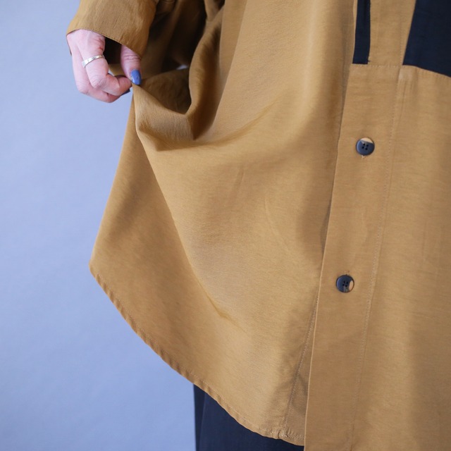 "刺繍" bi-color switching design over silhouette band-collar minimal shirt