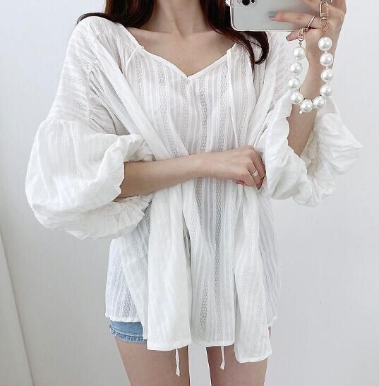 韓国風 chic トップス Vネック 夏新作 シースルー シャツ レディース