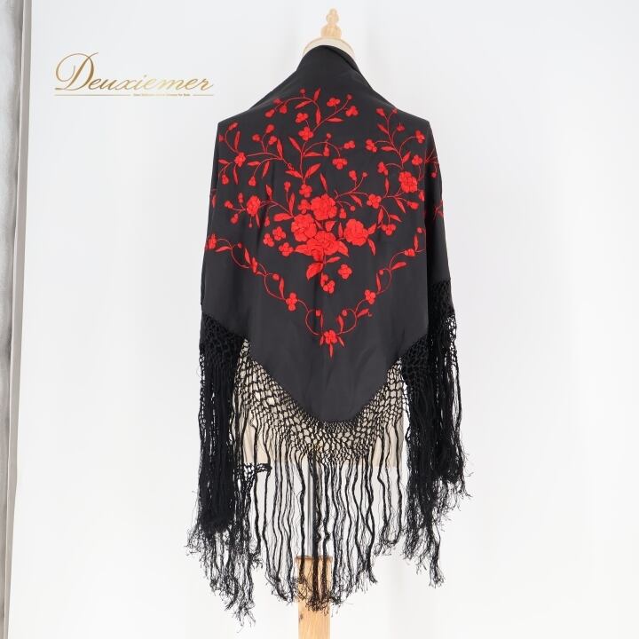 フラメンコ 衣装 シージョ 黒 刺繍 赤 フリンジ フレコ 花柄