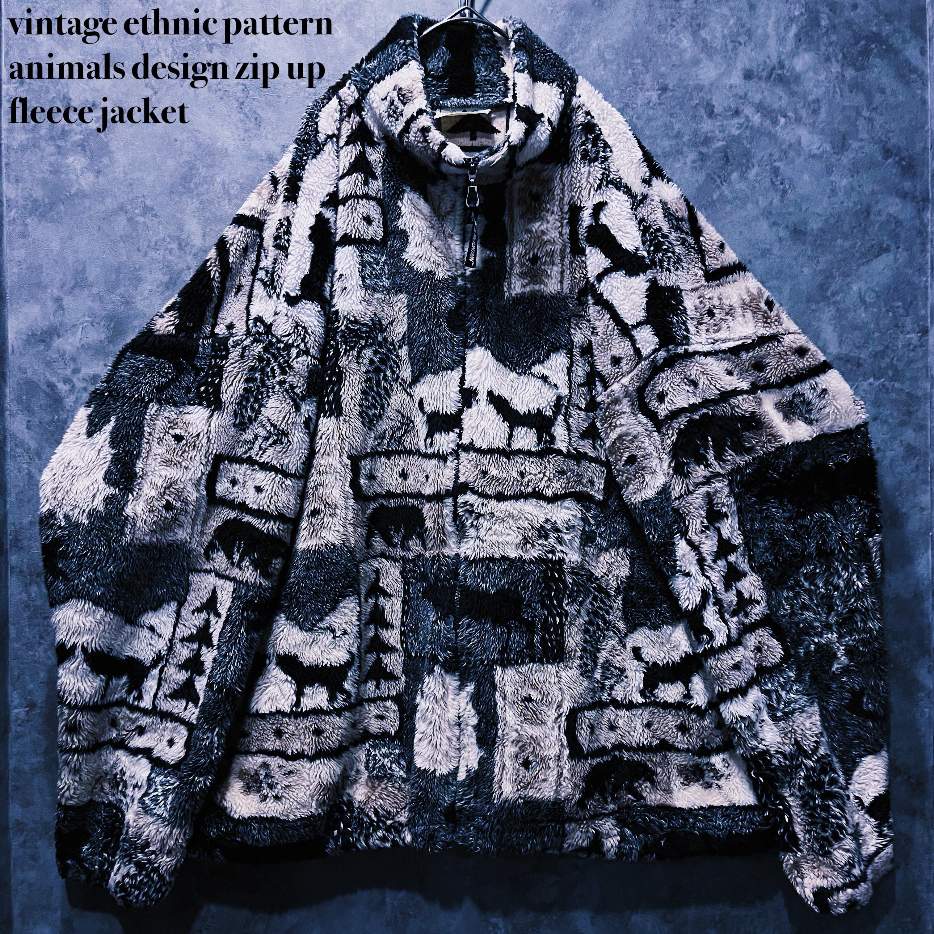 【doppio】vintage ethnic pattern animals design zip up fleece jacket