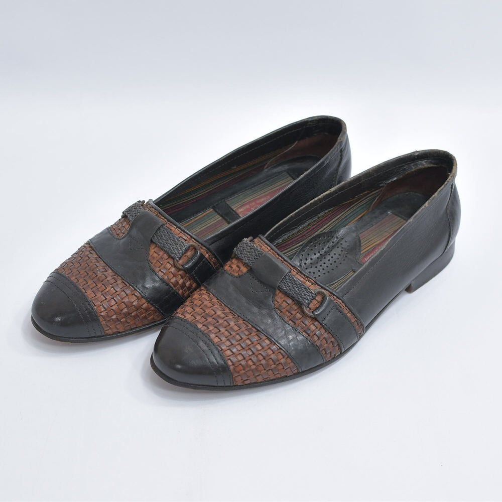 80~90s イタリア製 Scafona スカフォナ 編み込みデザイン レザー スリッポン ローファー コンビ 革靴 ブラック ブラウン ヴィンテージ ビンテージ ヨーロッパ古着 メンズ26.0cm~相当