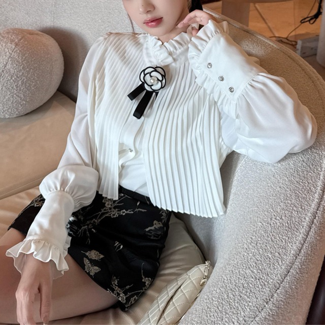 フリルスタンドカラー×プリーツビブブラウス　　a393