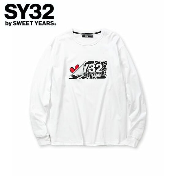 SY32 by SWEET YEARS エスワイサーティトゥ Tシャツ 長袖 クルーネック ロンT メンズ HEART DRIP BOX LOGO  L/S TEE 13535J WHITE | BEES HIGH powered by BASE