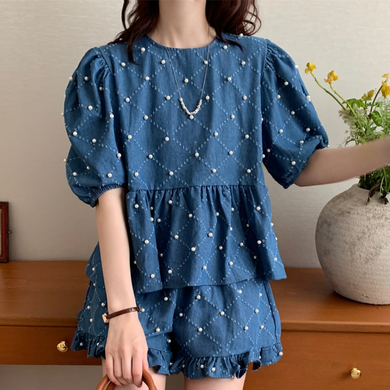 デニム パフスリーブ セットアップ