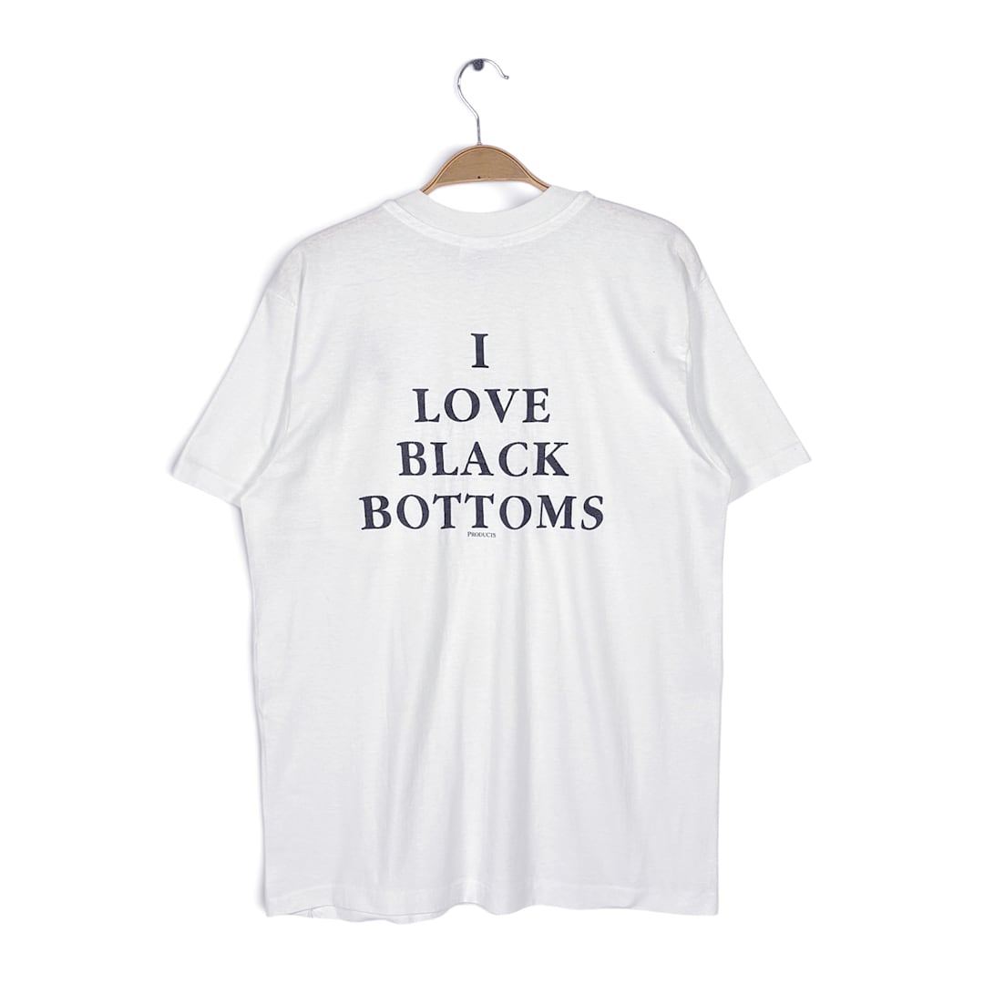 80s BLACK BOTTOMS PRODUCTS ポケT USA製 ヴィンテージ Tシャツ ポケット付き ホワイト シングルステッチ HANES ヘインズ サイズL相当 古着 BZ0573