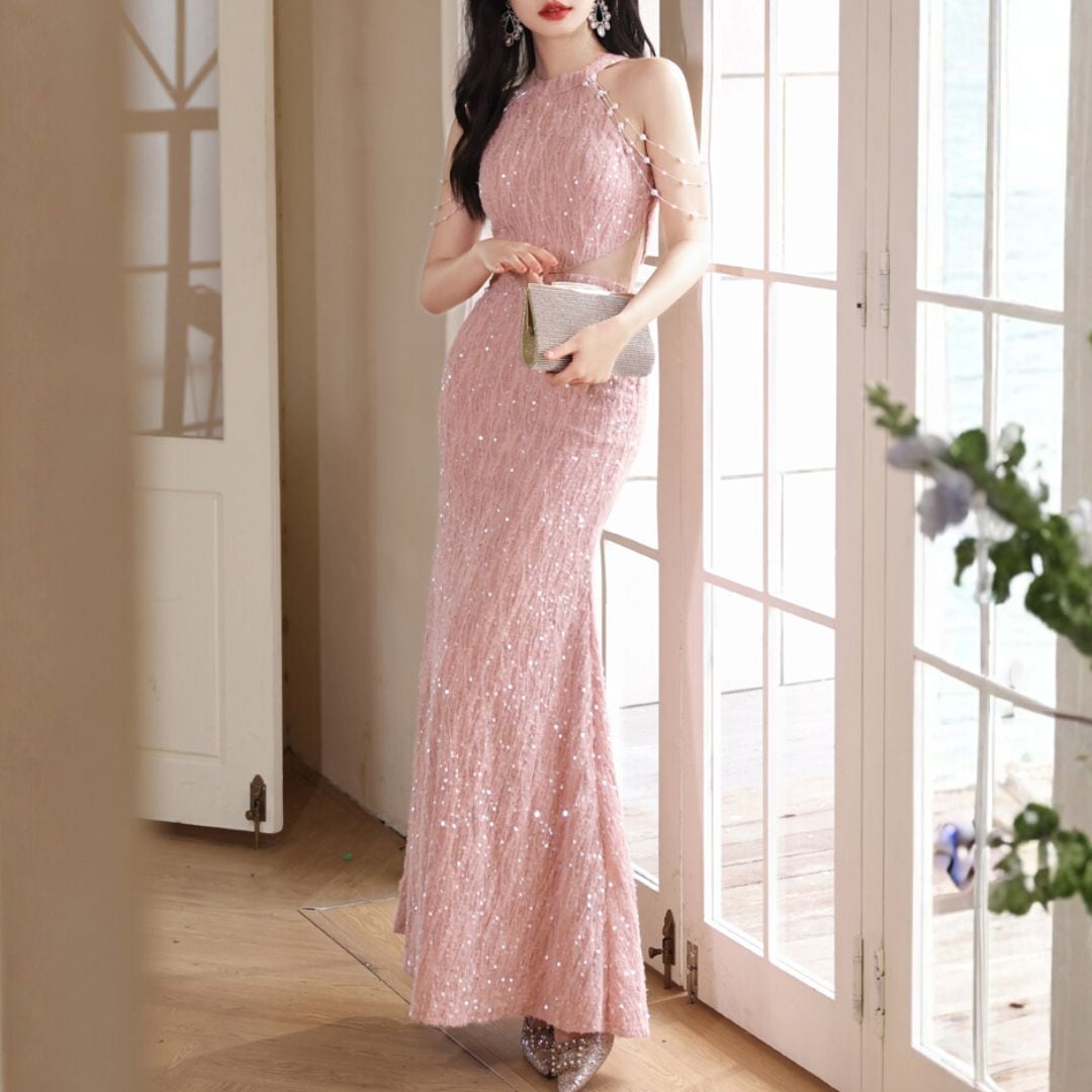 halter neck mermaid midi dress V267