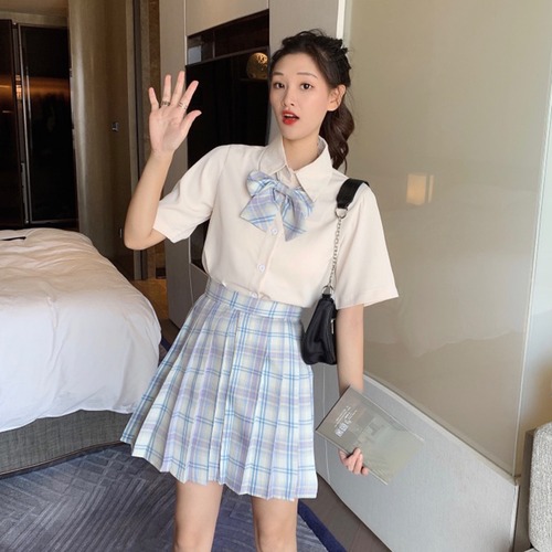✞ 白シャツブラウスチェック柄プリーツAラインスカート ホワイト ✞ゴスロリ SM ミリ 甘ロリ クラロリ 和ロリ エレガント 黒ロリ 姫ロリ 華ロリ BB-BB6357042994