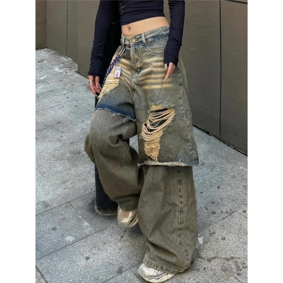 リメイク風 デニム パンツ ジーンズ 重ね着風 韓国 ストリート 