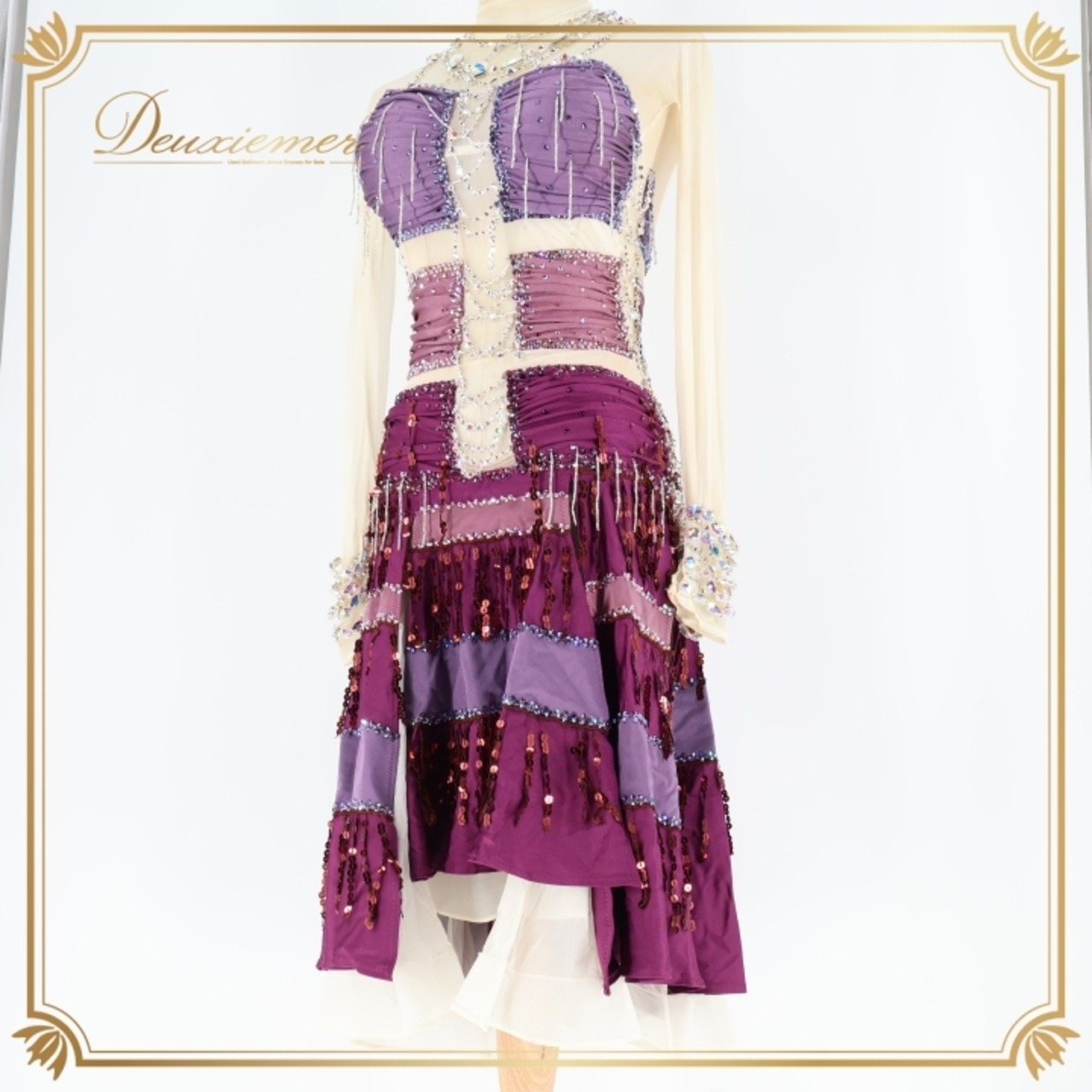 社交ダンス 衣装 ラテン ドレス ワンピース 紫 白 デモ 競技 ダンス パーティ 発表会 豪華 華やか フリンジ ホワイト系 パープル系 おしゃれ デザイン 揺れる スカート ストレッチ パーティー衣装 ステージ衣装 レディース