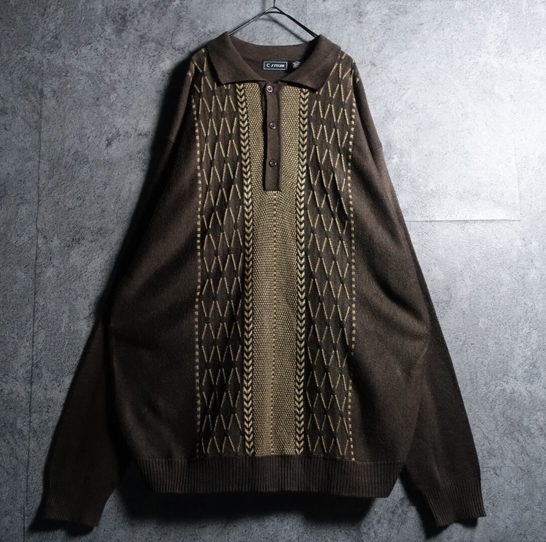 Brown Geometric Pattern Design Knit Polo