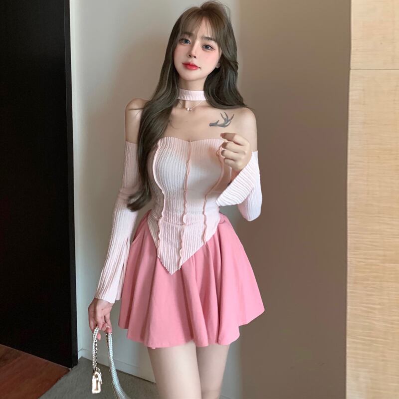 オータムTシャツ ハイウェストウェストAラインスカート ロング 秋物 ハンチェンe18405919881