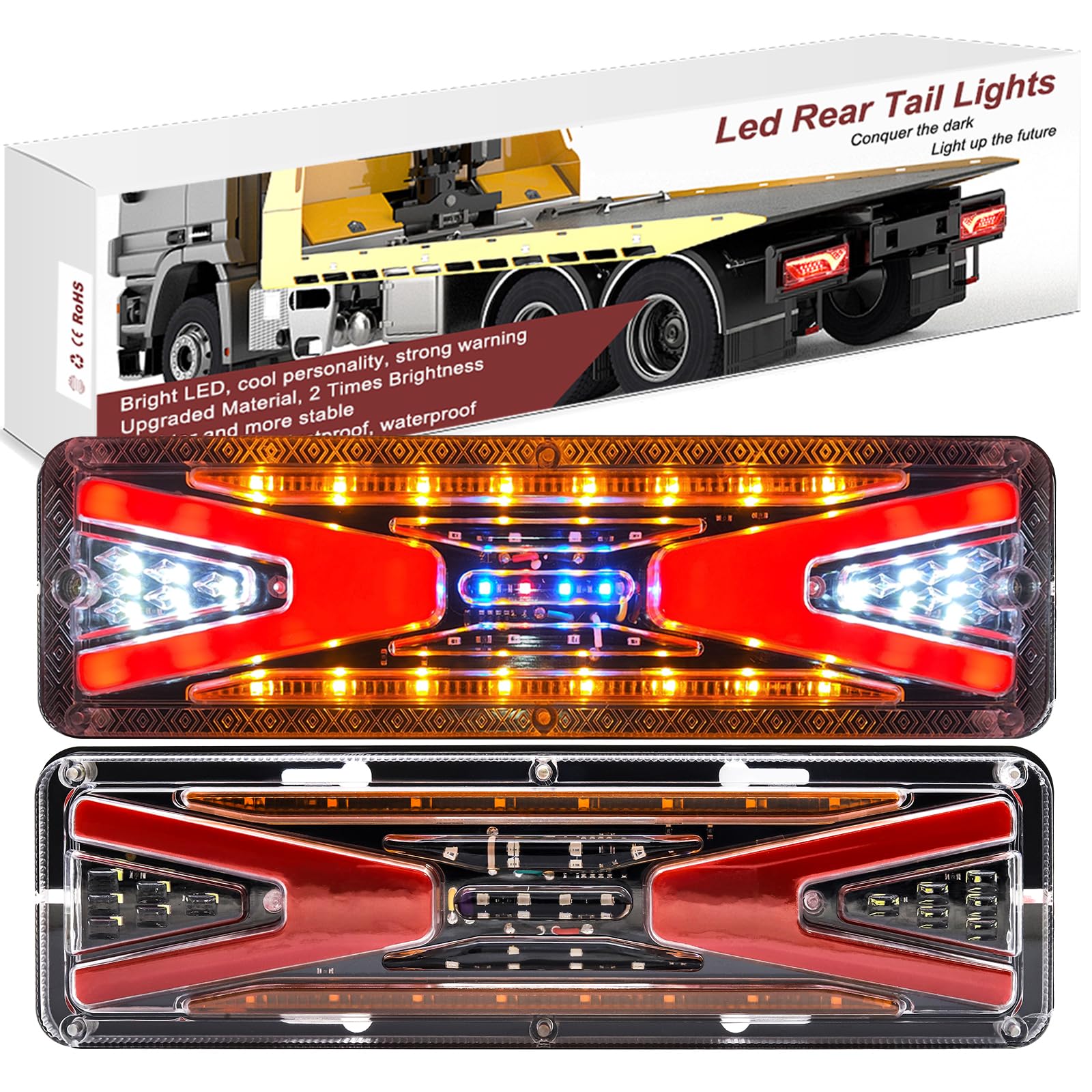Ygmylandbb LED トラック テール ランプ 24v トレーラー テールランプ ブレーキ ストップ ライト スモール リアコンビネーションランプ シーケンシャル 流れる ウィンカー機能付(赤黄白青 四色光)車検対応 左右2個セット