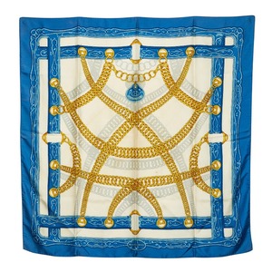 エルメス カレ90 MAILLONS 鎖の環 スカーフ ブルー ホワイト イエロー シルク レディース HERMES 【中古】
