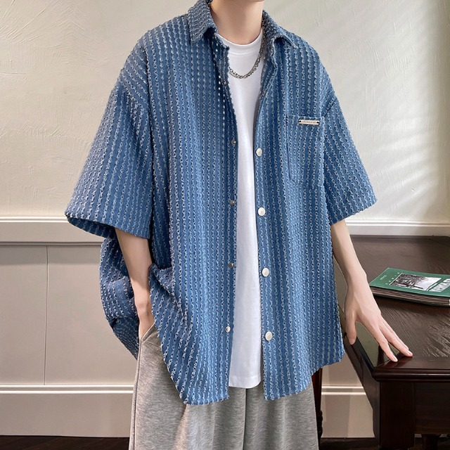 予約販売】シャツ 半袖 シャツ メンズ ブルー ホワイト メッシュ 無地 