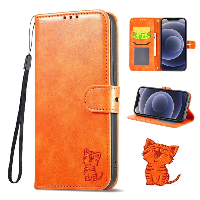 SENNWAK 適合する iPhone 17ケース 手帳型 アイフォン17用ケース case 笑顔猫ちゃん iPhone17向けスマホケース ストラップ付き カード入れ スタンド機能 オレンジ